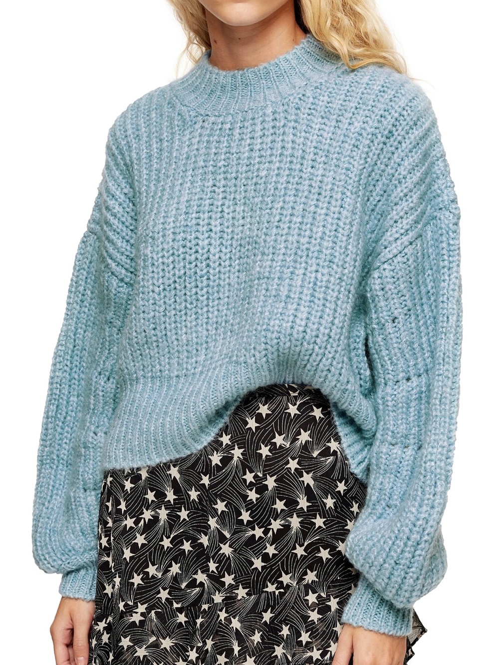 Topshop Balloon Sleeve Mock Neck Knit Sweater Light Blue size Small